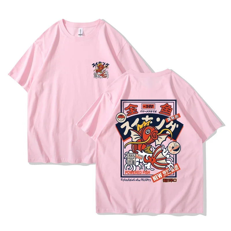 Pink regular Anime-inspired T-shirt featuring a cartoon koi fish design