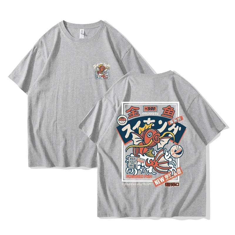 Gray regular t-shirt featuring anime-inspired red koi graphic design