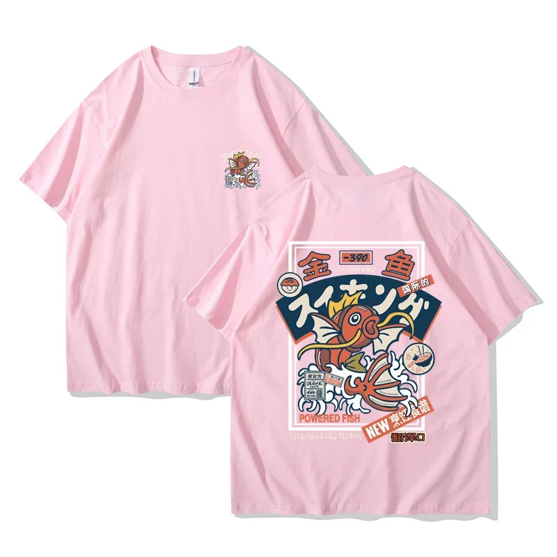 Pink anime-inspired regular cotton t-shirt featuring a cartoon fish design