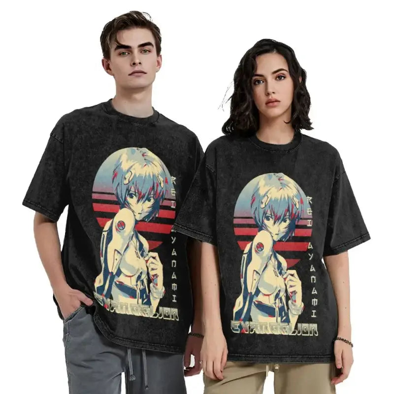 Black t-shirt featuring anime character Rei Ayanami from Evangelion with a retro sunset design.