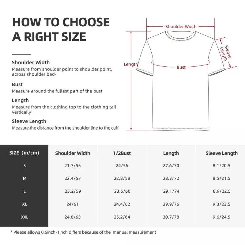 Size guide diagram showing measurement points and dimensions for a t-shirt.