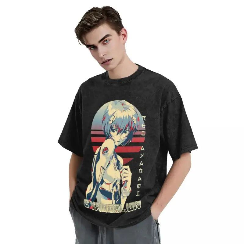 Black t-shirt featuring anime-style artwork with Japanese text and retro sunset stripes.