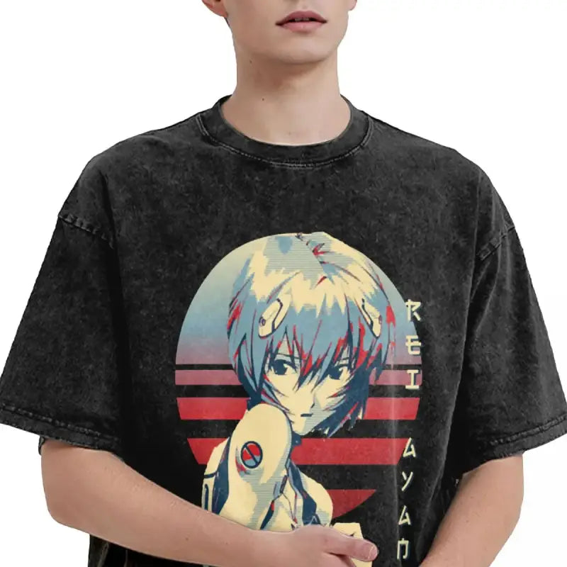 Black t-shirt featuring an anime character design with red stripes and Japanese text.