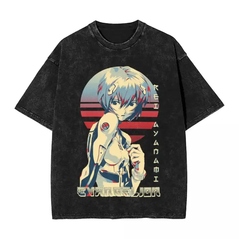 Black t-shirt featuring anime-style artwork with Japanese text and retro sunset stripes.