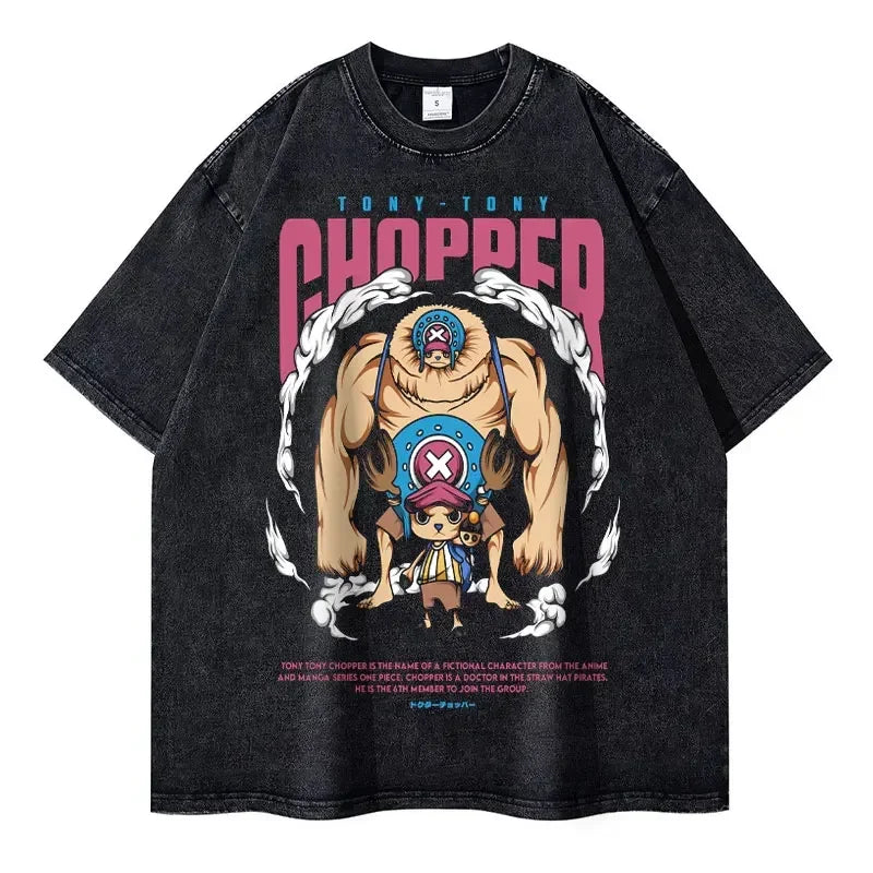 Black t-shirt with Tony Tony Chopper graphic, perfect finished goods for anime fans