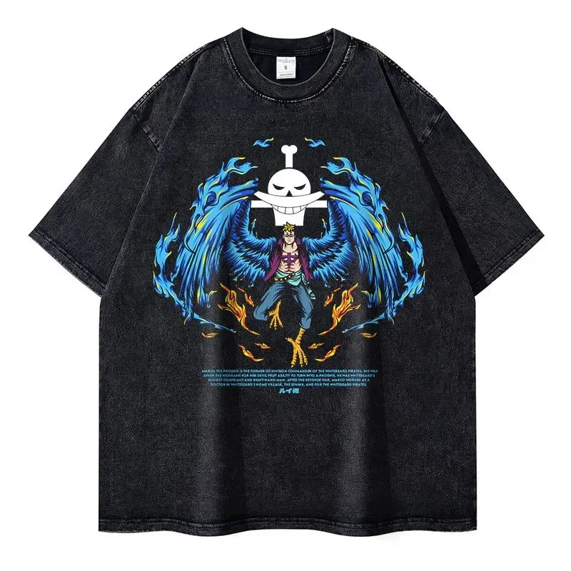 Black t-shirt featuring One Piece character graphic, ideal finished goods for anime fans