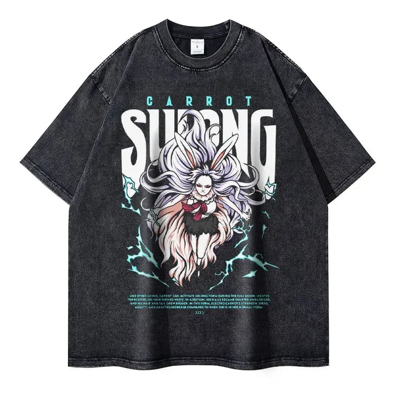 Gray graphic t-shirt featuring Retro Anime Doflamingo for adults, ideal finished goods