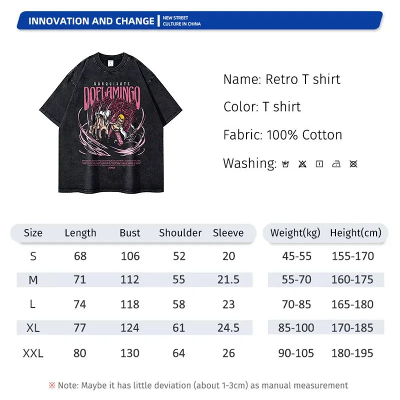 Retro Doflamingo T-shirt with size chart for anime enthusiasts and streetwear lovers