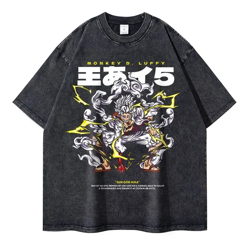 Gray t-shirt featuring an anime character graphic, ideal finished goods for adults