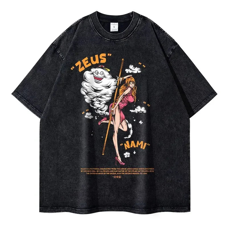 Black t-shirt featuring Nami and Zeus graphic, perfect finished goods for anime enthusiasts