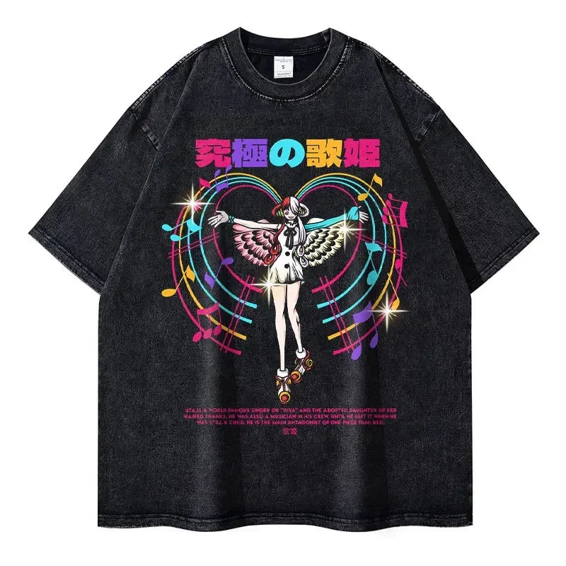 Black graphic t-shirt featuring Retro Anime Doflamingo, ideal finished goods for adults