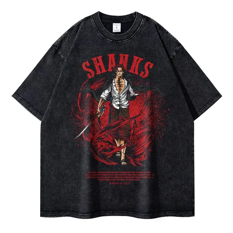 Black t-shirt featuring Shanks graphic, ideal finished goods for anime enthusiasts