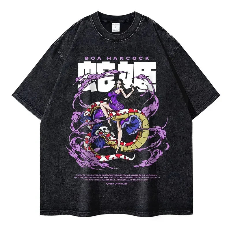 Black t-shirt with Boa Hancock graphic, ideal finished goods for anime streetwear enthusiasts