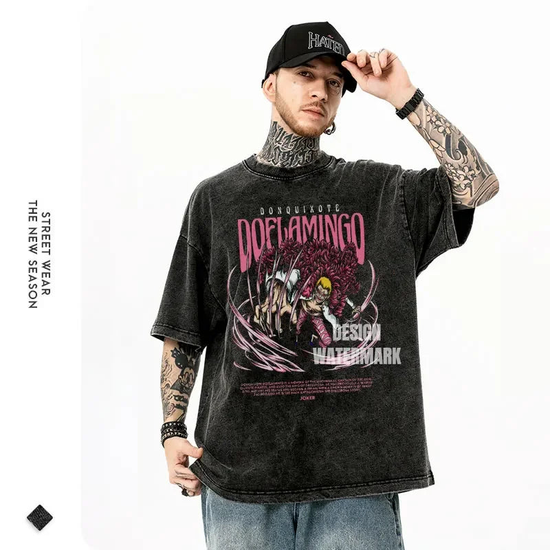 Tattooed man in Retro Anime Doflamingo tee, ideal finished goods for adults