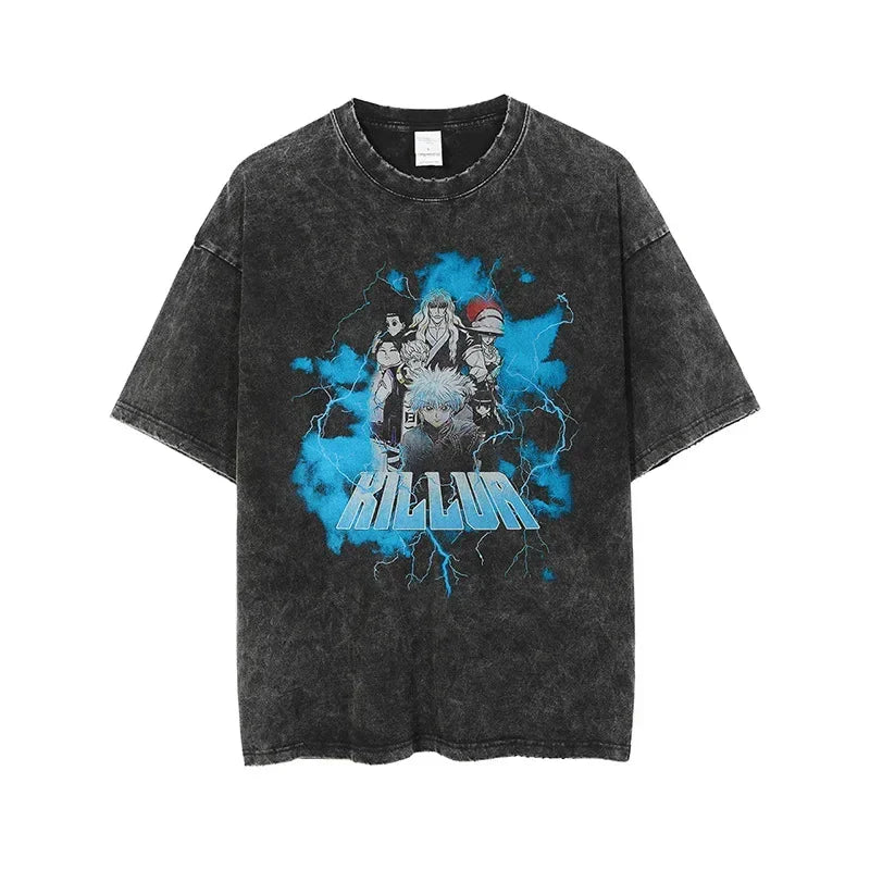 Black graphic t-shirt featuring Retro Killua Zoldyck design for spring and summer fashion