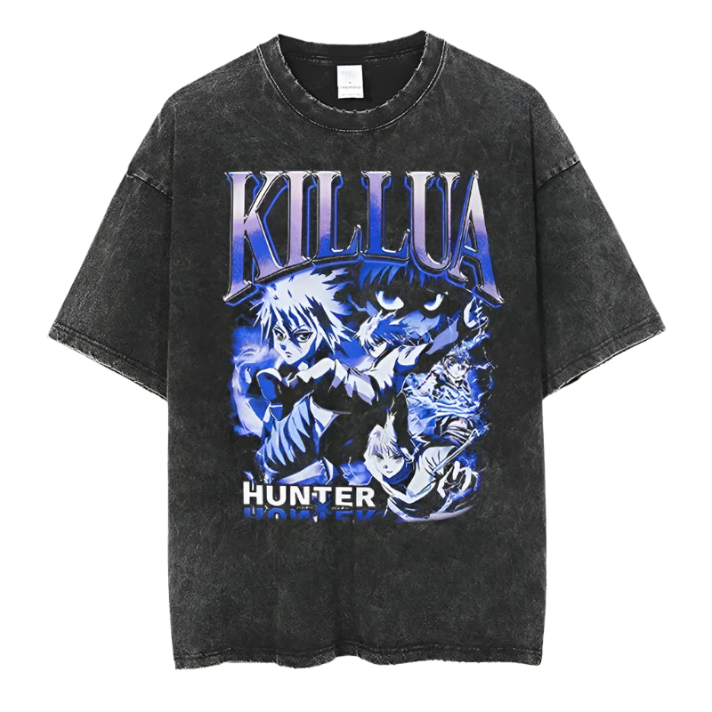 Black graphic tee featuring Retro Killua Zoldyck design for spring and summer wear