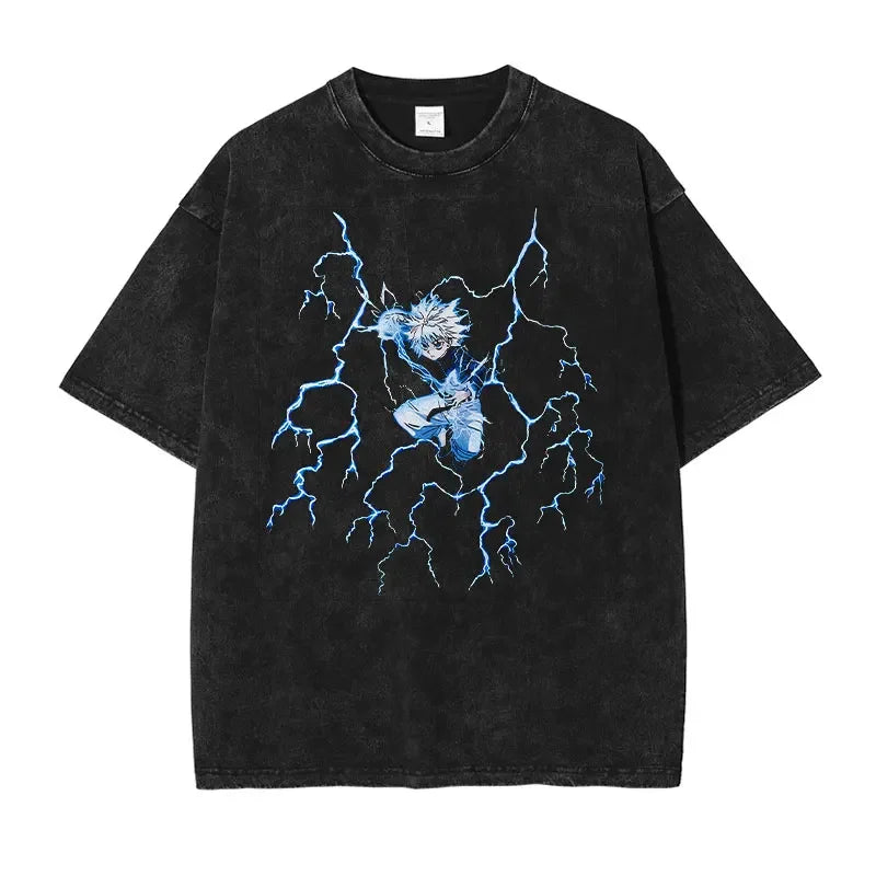 Black Retro Killua Zoldyck anime graphic tee featuring an anime character and lightning design