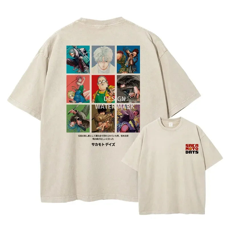 Beige Sakamoto Days anime graphic tee featuring manga character squares for summer style