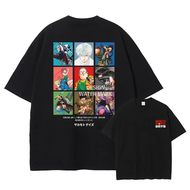 Black graphic tee featuring a collage of manga characters from Sakamoto Days anime