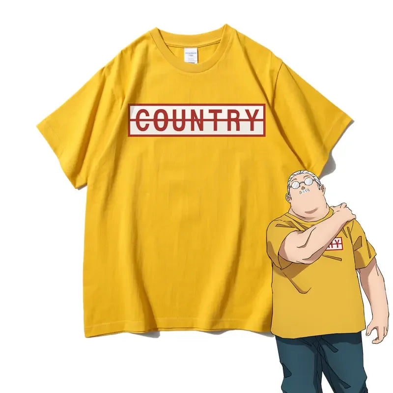 Yellow graphic tee featuring COUNTRY text, ideal for Sakamoto Days anime fans