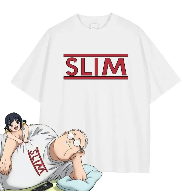 White Sakamoto Days anime graphic tee featuring bold SLIM text for summer style