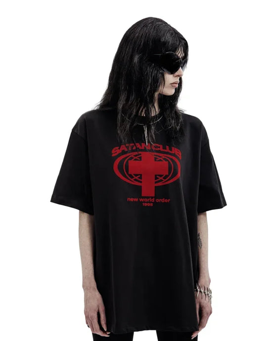 Black T-shirt with red graphic, featuring Satan Club graphic for bold fashion statements