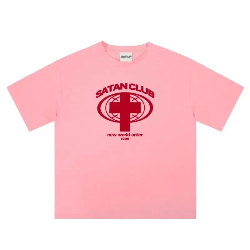 Pink t-shirt with red satan club graphic for bold fashion statements in club graphic tee