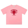 Pink t-shirt with red satan club graphic for bold fashion statements in club graphic tee