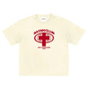 Cream-colored t-shirt featuring a red satan club graphic for bold fashion statements