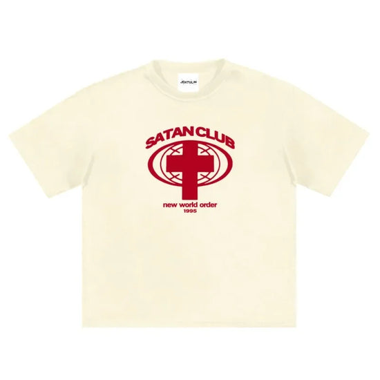 Cream-colored t-shirt featuring a red satan club graphic for bold fashion statements