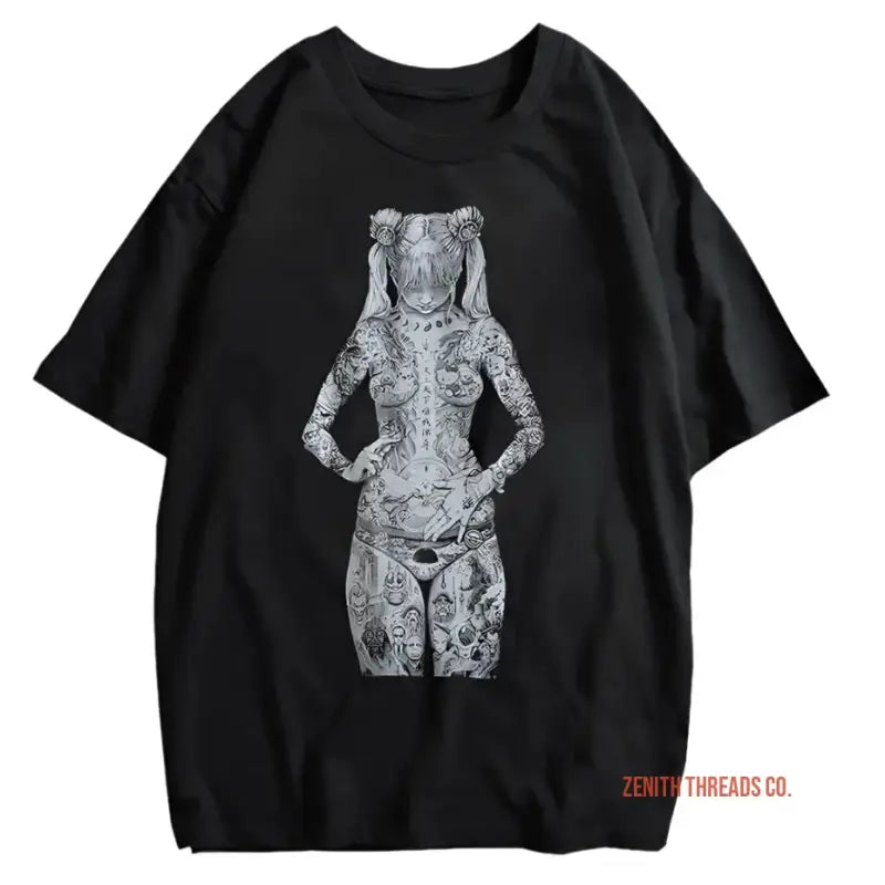 Black t-shirt featuring a white illustrated female silhouette covered in tattoo-style artwork.