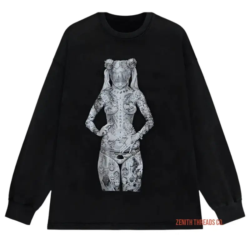 Black long-sleeve t-shirt featuring a white illustrated female figure covered in tattoo-style artwork.