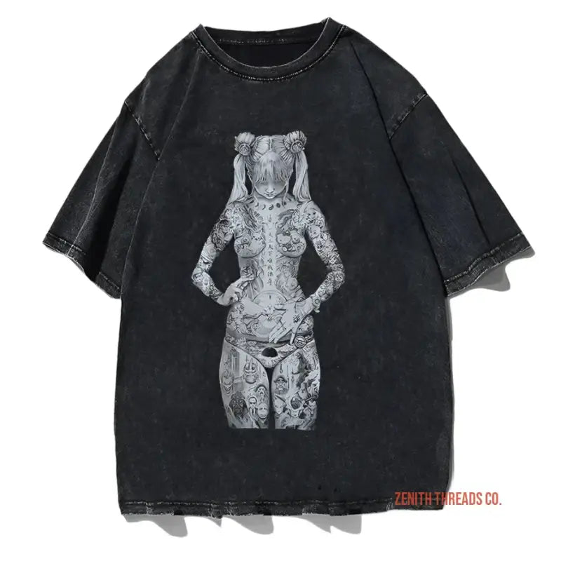 Black t-shirt featuring a white silhouette of a tattooed female figure.