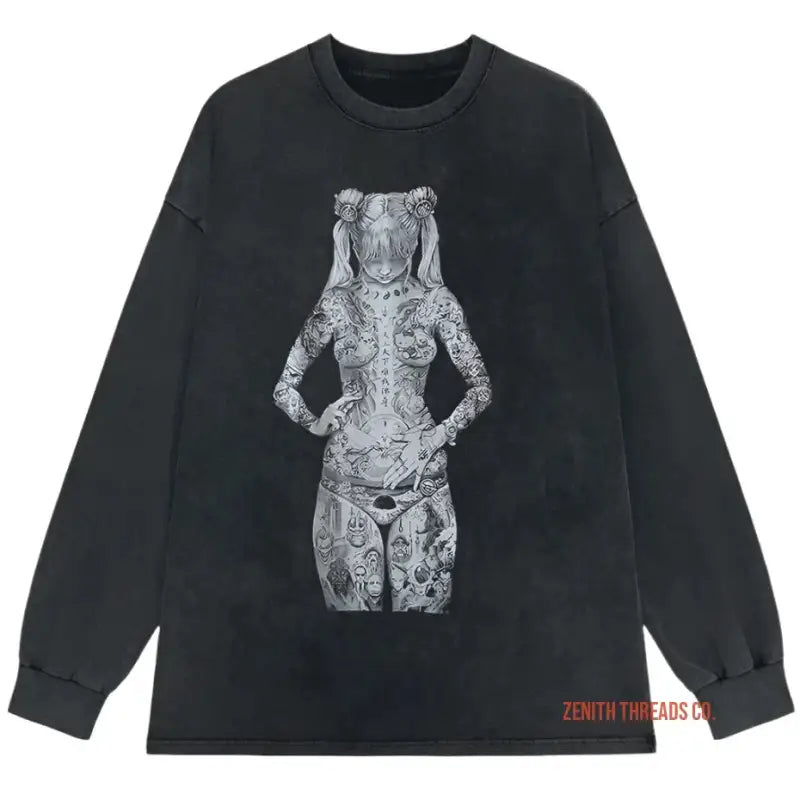 Black long-sleeve t-shirt with a tattooed female figure silhouette graphic printed in gray.