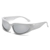 White futuristic sunglasses featuring UV400 oval shield for techwear rave enthusiasts