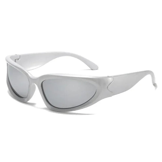 White futuristic sunglasses featuring UV400 oval shield for techwear rave enthusiasts