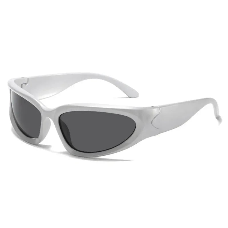 White futuristic sunglasses featuring UV400 oval shield for techwear rave enthusiasts