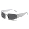 White futuristic sunglasses featuring UV400 oval shield for techwear rave enthusiasts