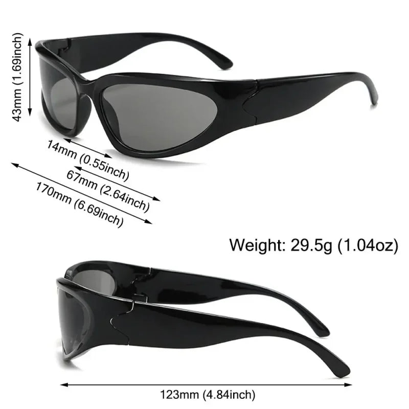 Black UV400 oval shield sunglasses showcasing dimensions and weight for Techwear Rave enthusiasts