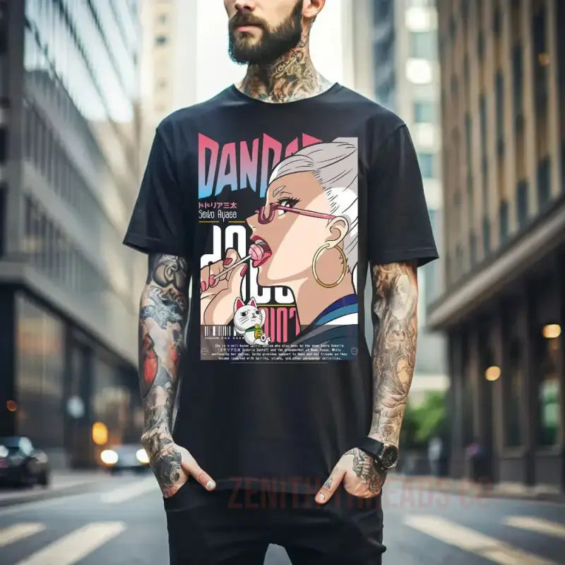 Black graphic t-shirt featuring an anime-style design with pink and blue gradient text.