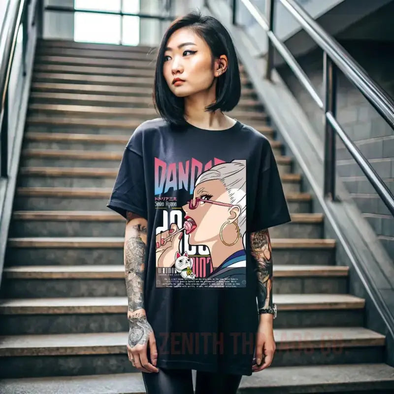 Black graphic t-shirt featuring an artistic anime-style design in pink and white.