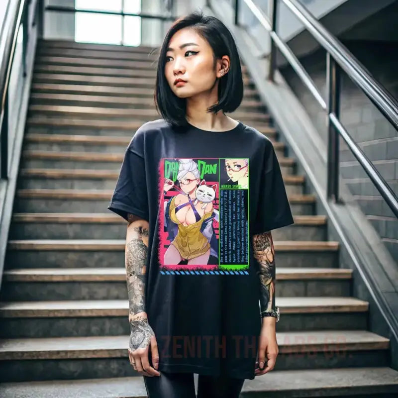 Black t-shirt featuring anime/manga character artwork with Japanese text elements.