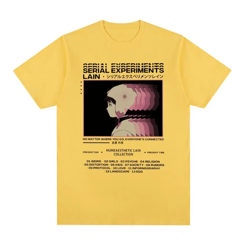 Yellow t-shirt featuring a Serial Experiments Lain vintage anime graphic design