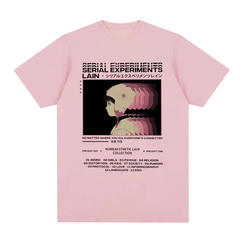 Pink t-shirt featuring Serial Experiments Lain vintage anime graphic design