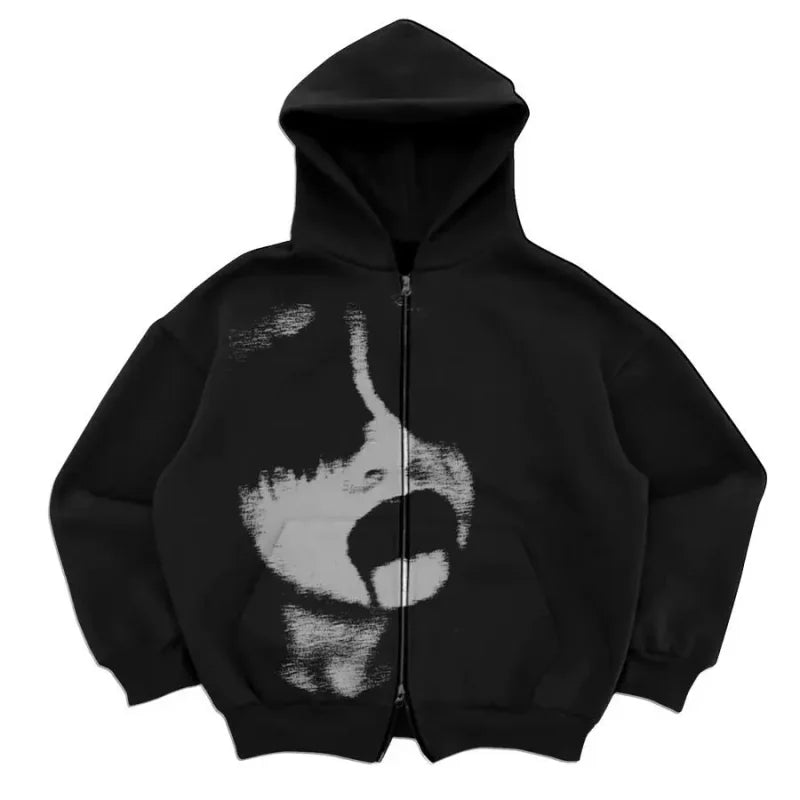 Black zip-up hoodie featuring a distressed face graphic, ideal for shadow face gothic streetwear