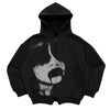 Black zip-up hoodie featuring a distressed face graphic, ideal for shadow face gothic streetwear