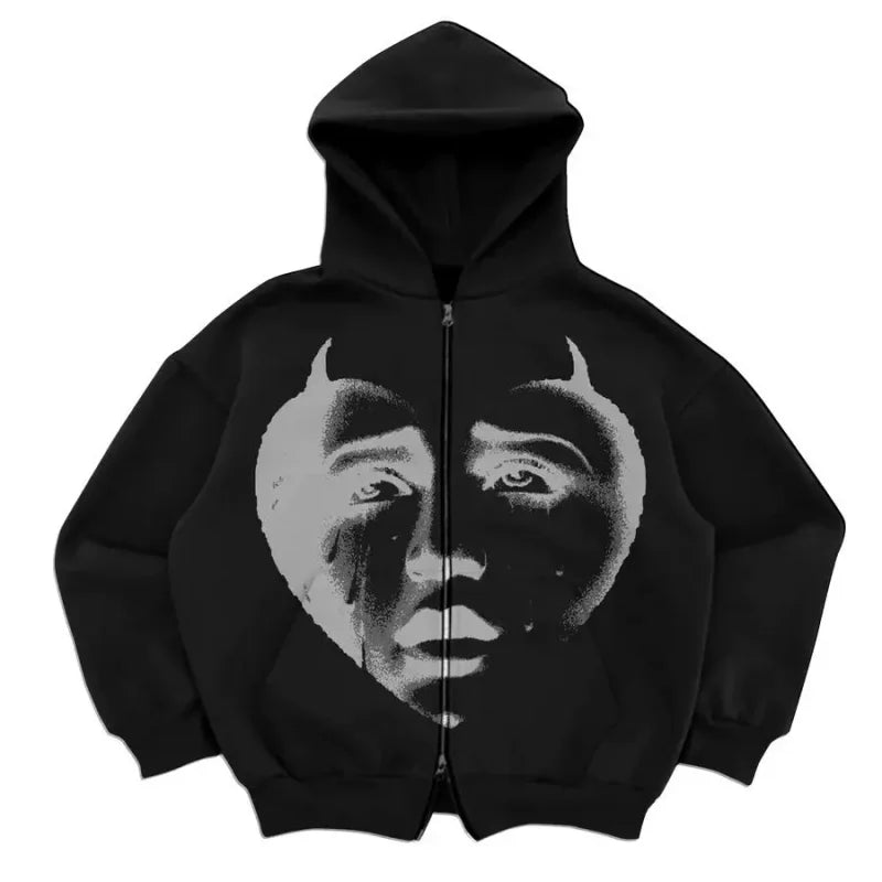 Black zip-up hoodie featuring heart-shaped face graphic in Shadow Face Gothic design