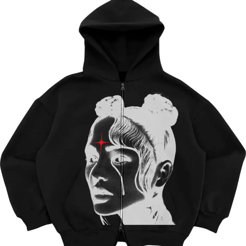 Black zip-up hoodie featuring a woman graphic, perfect for shadow face gothic streetwear fashion