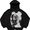 Black zip-up hoodie featuring a woman graphic, perfect for shadow face gothic streetwear fashion