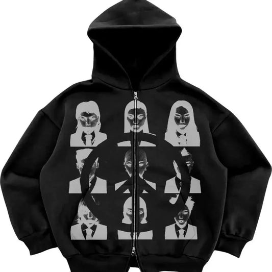 Black zip-up hoodie featuring shadow face gothic graphics for dark streetwear fashion